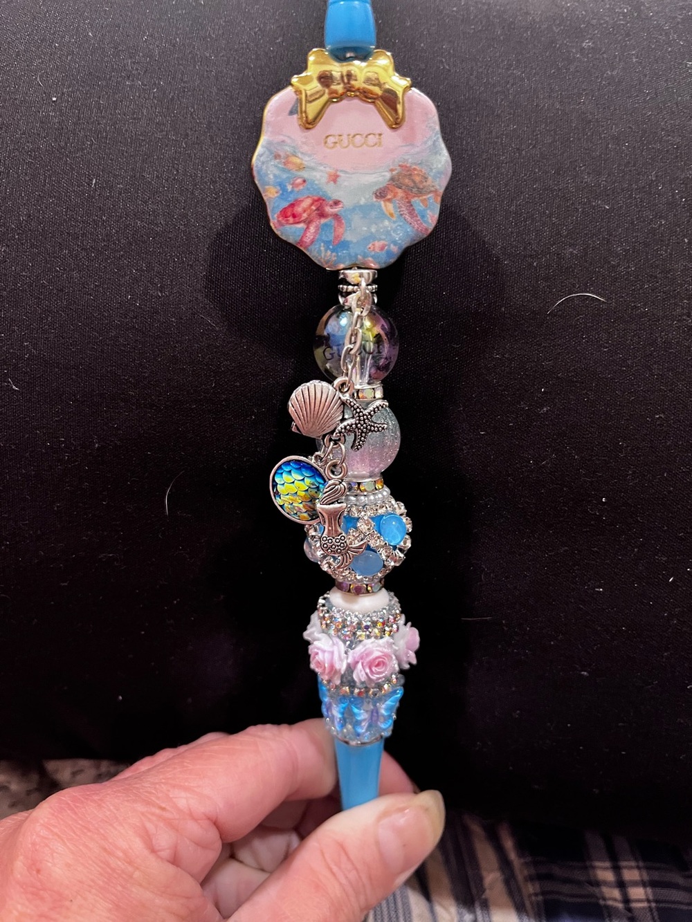 Ocean themed Blue and Pink Beaded Sea Charm fancy focal beaded Pen